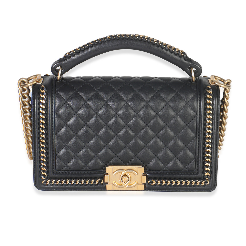 Chanel Black Quilted Calfskin Interwoven Chain Top Handle Boy Bag